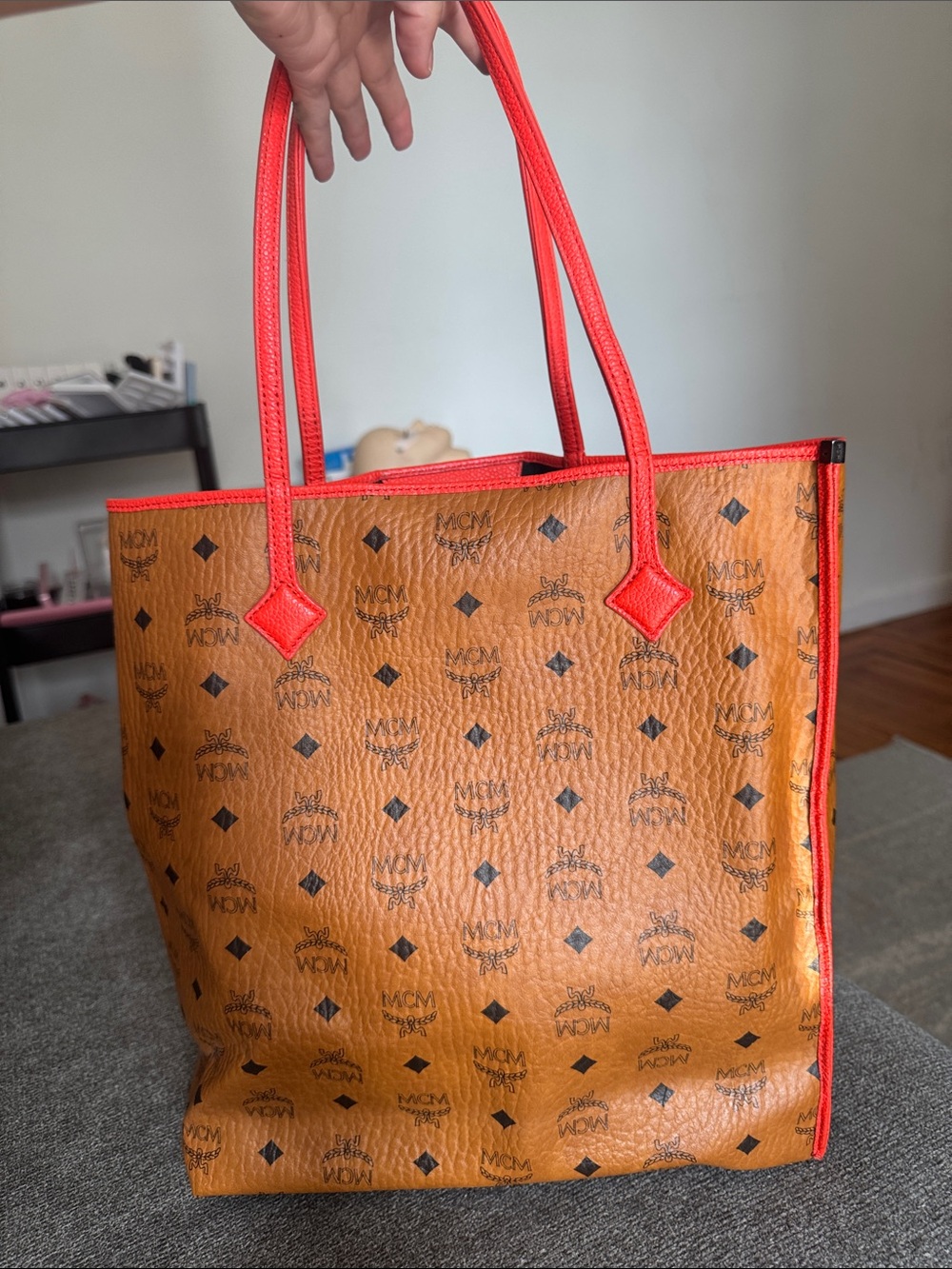 MCM Cognac Visetos Tote with Bright Red Trim and Pouch - Picture 6 of 11